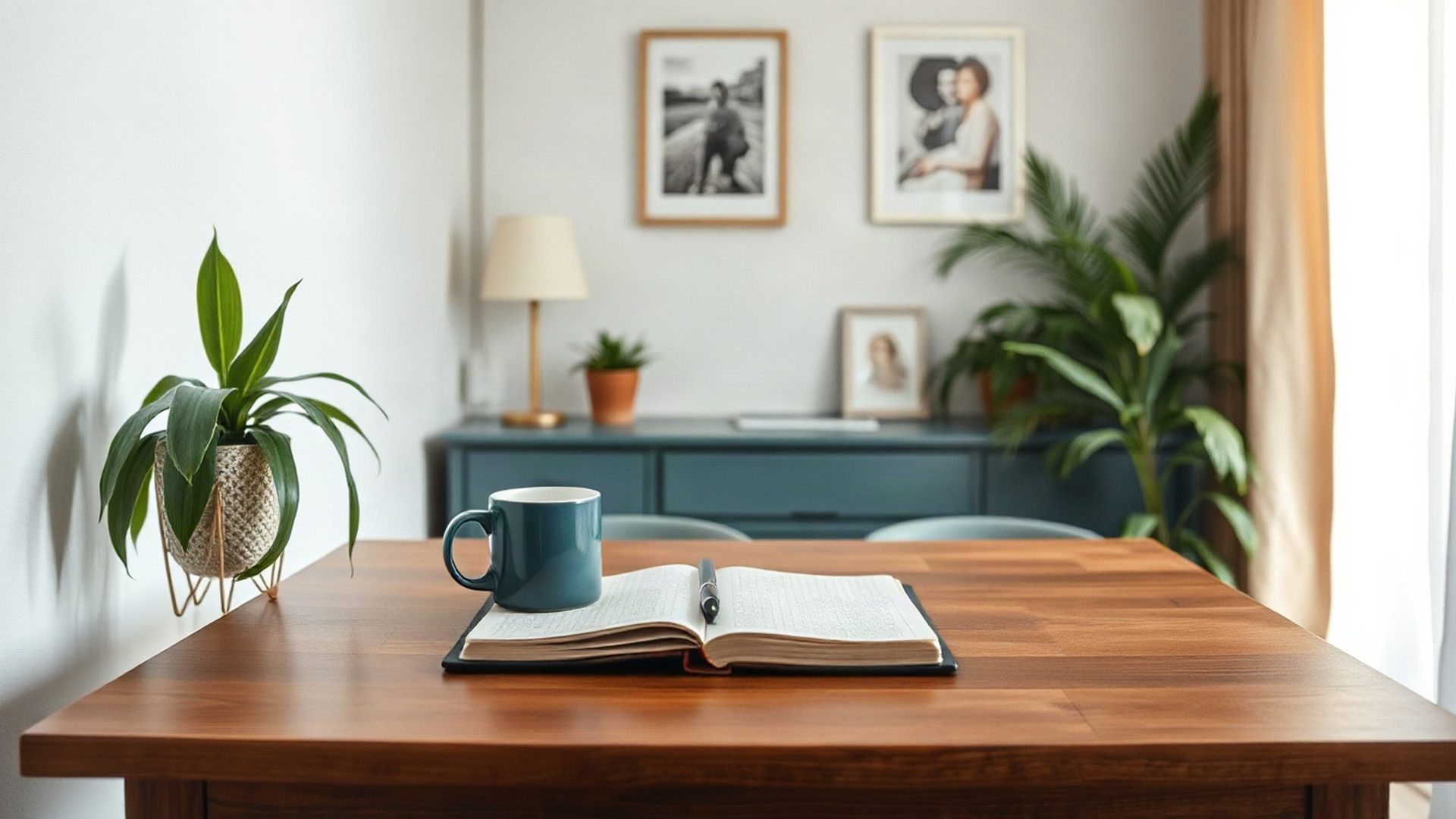 Escritorio ordenado con cuaderno y taza de café bajo luz natural